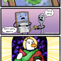 Panel 1: A bowl of green dip going *splat* on a window. Panel 2: A talking spoon and a talking window, both with simple faces and hands. Spoon: 
